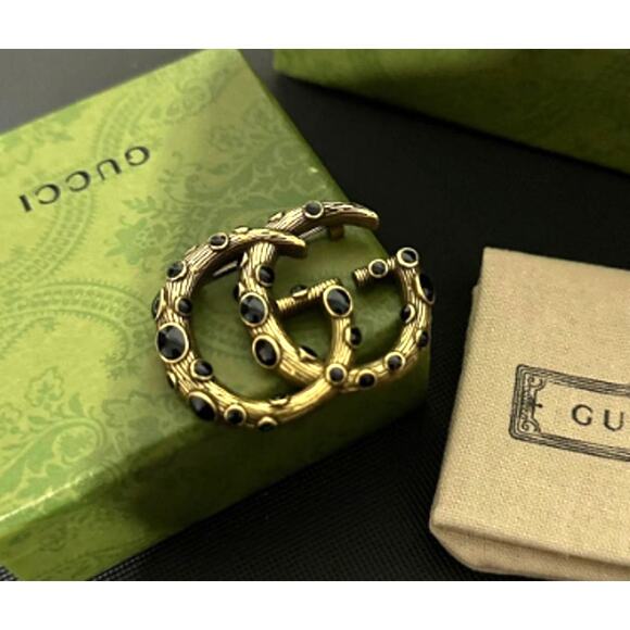 Gucci Deep Gold Onyx Black Spotted GG Brooch Pin (GGXX009) - Picture 6 of 6